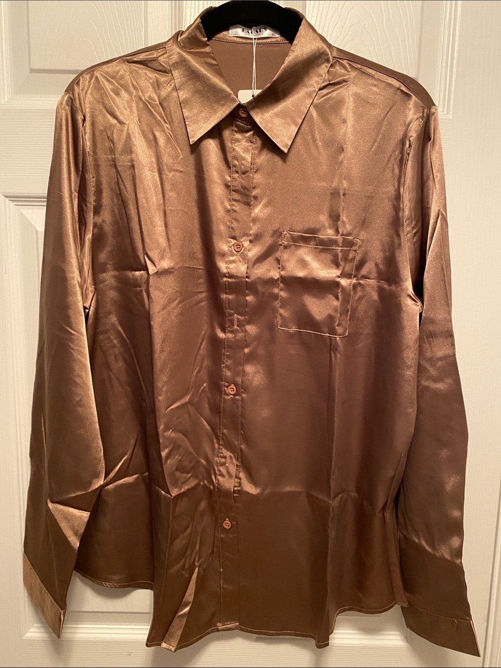 PAUSUS Satin Light Coffee Long Sleeve Button Down Blouse with pocket…size XL